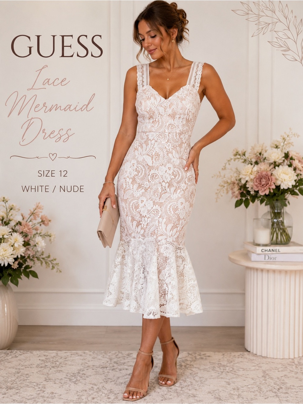 GUESS lace mermaid midi dress nude white size 12 romantic cottagecore wedding